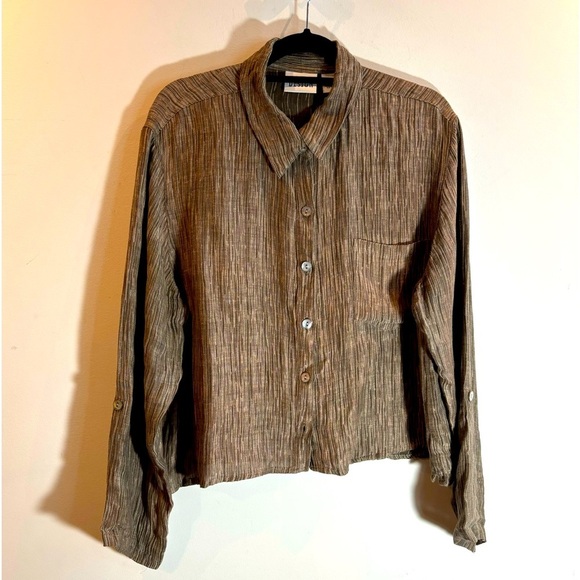 CHICO’S DESIGN Sz 3 Silk Linen Blend Roll Sleeve Tabs Cropped  Button Up Blouse - Picture 2 of 9